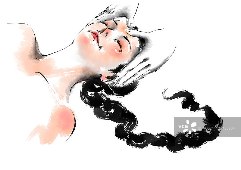 水墨画插图：女子按摩图片素材