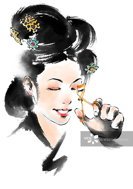 水墨画插画：韩式传统服饰与现代美妆的女子图片素材