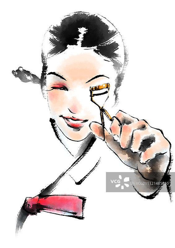 水墨画插画：韩式传统服饰与现代美妆的女子图片素材