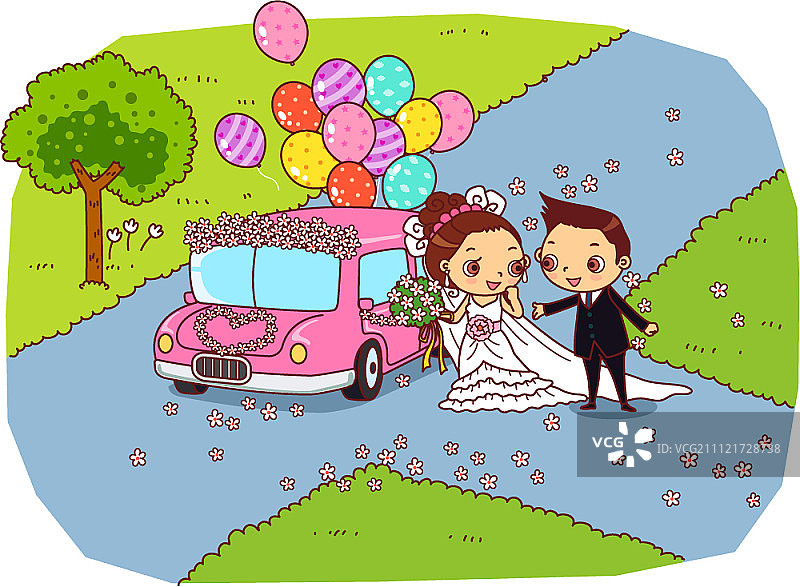 一对新婚夫妇与婚车图片素材