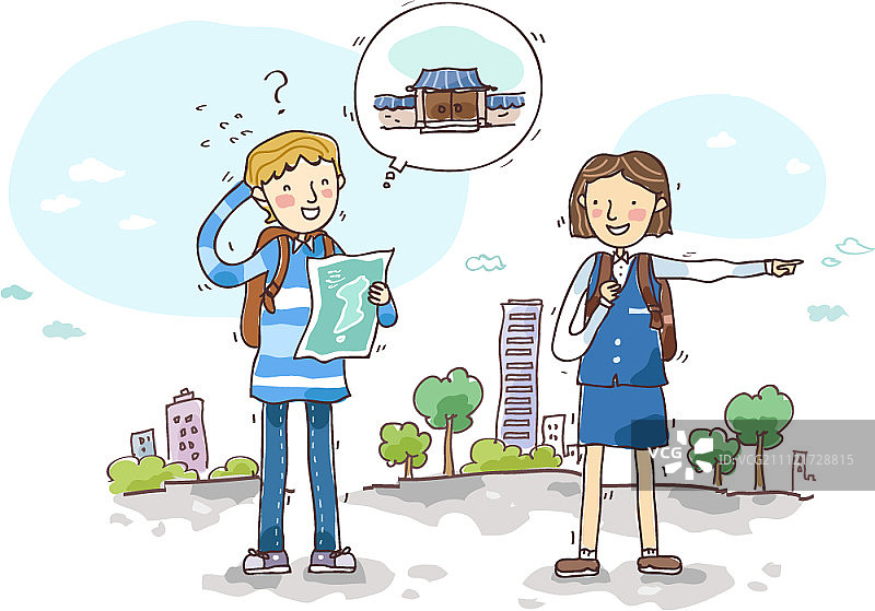 女孩为外国游客指路图片素材