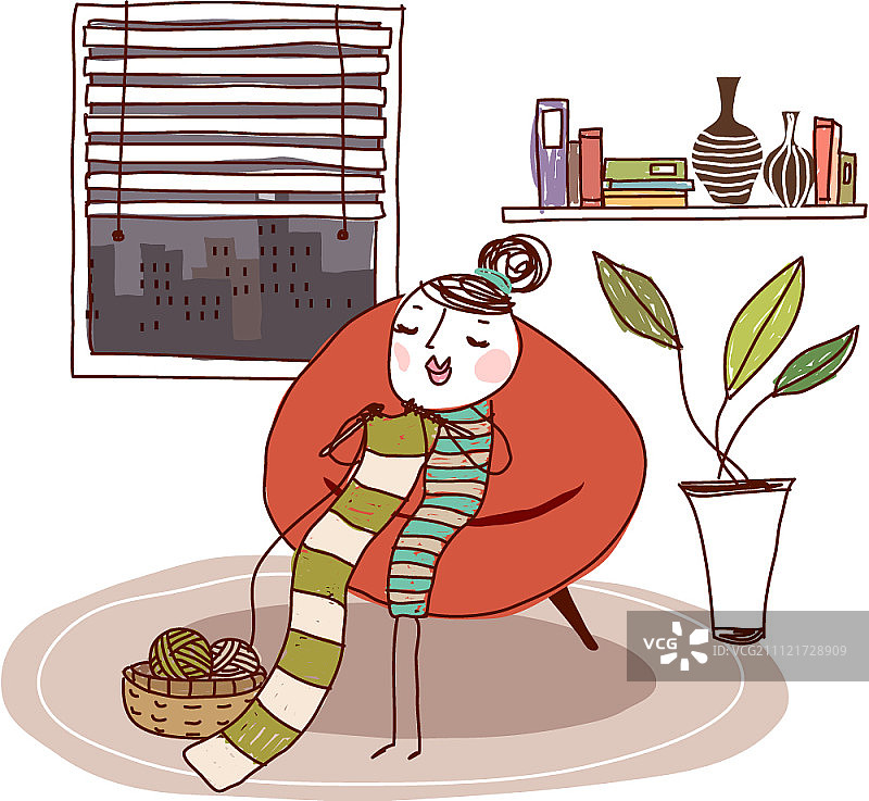 卡通人物在沙发上编织插画图片素材