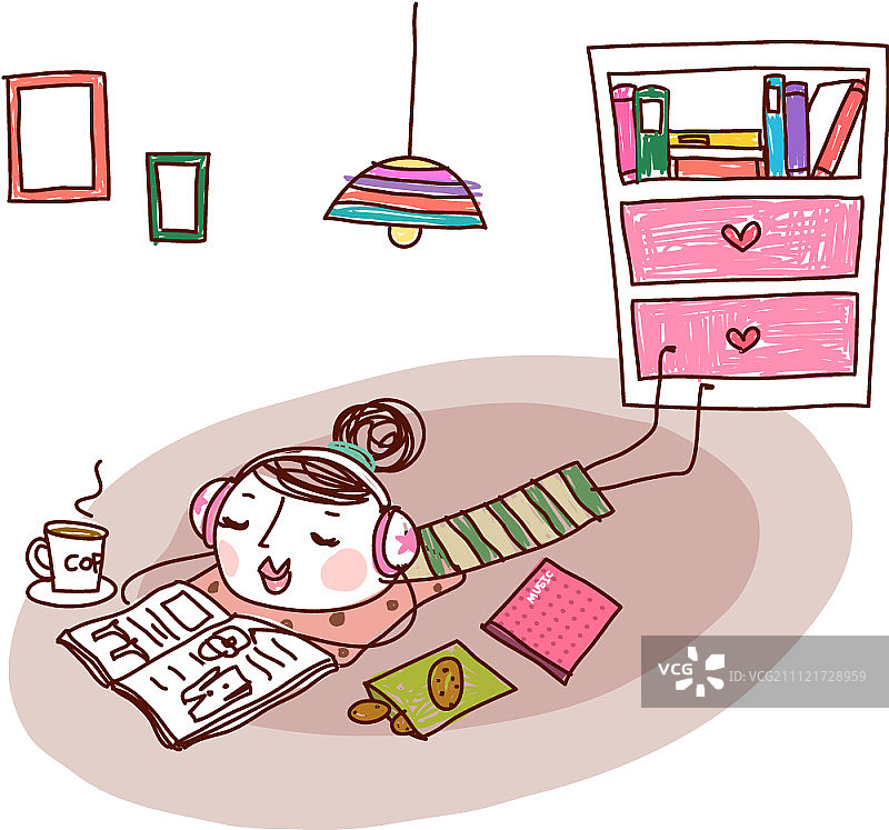 卡通人物在房间里读书图片素材