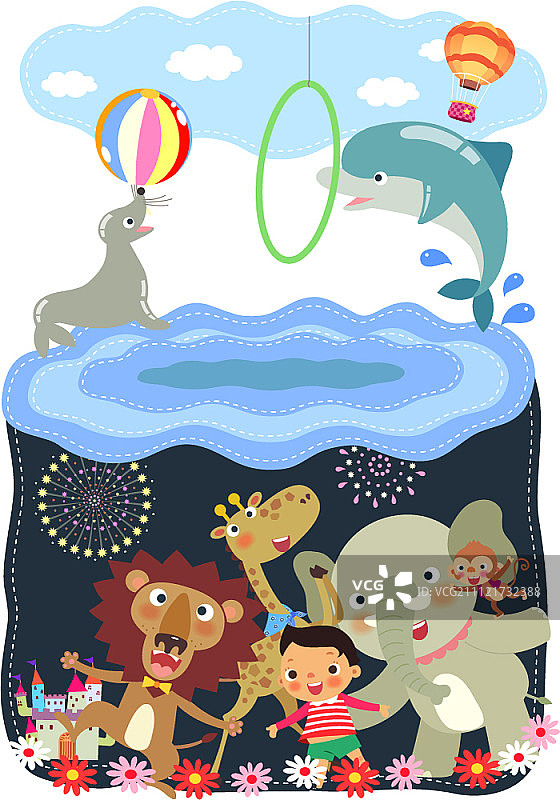 男孩与动物朋友们的插画图片素材