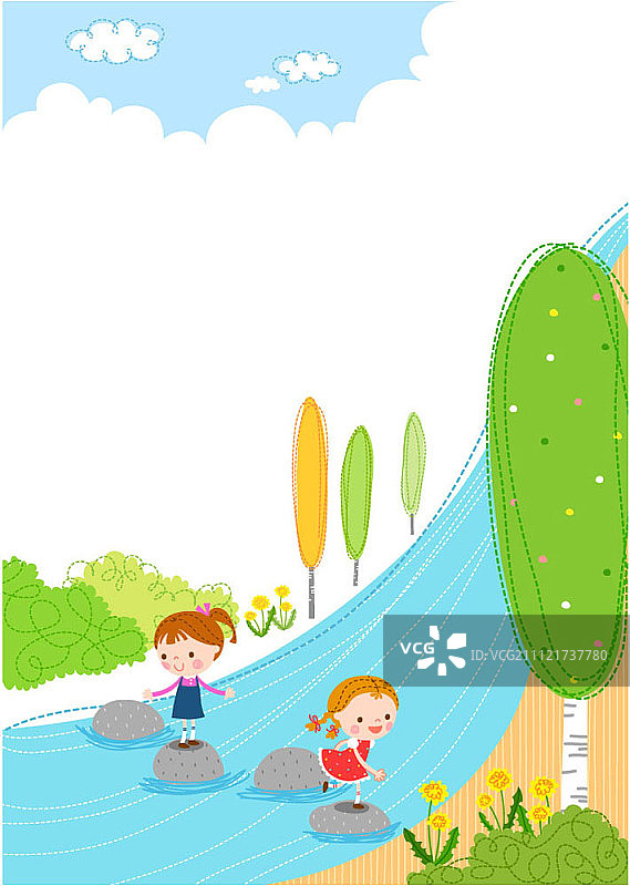 女孩们踩着石头过河图片素材