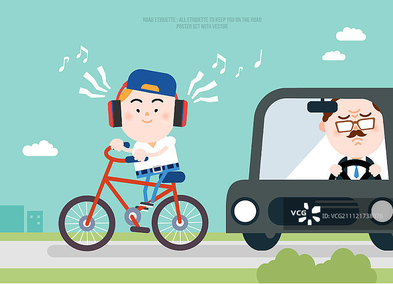 男孩戴着耳机骑自行车图片素材