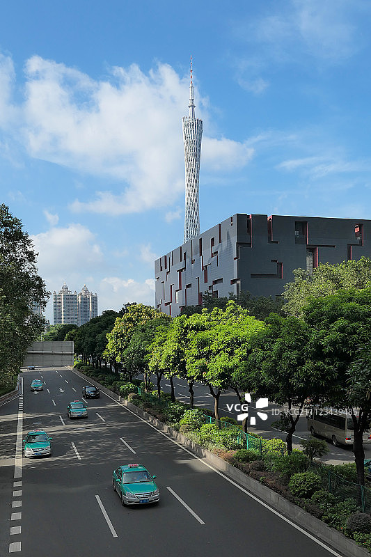 广州塔 小蛮腰 博物馆 道路 出租车 城市 建筑 明信片图片素材