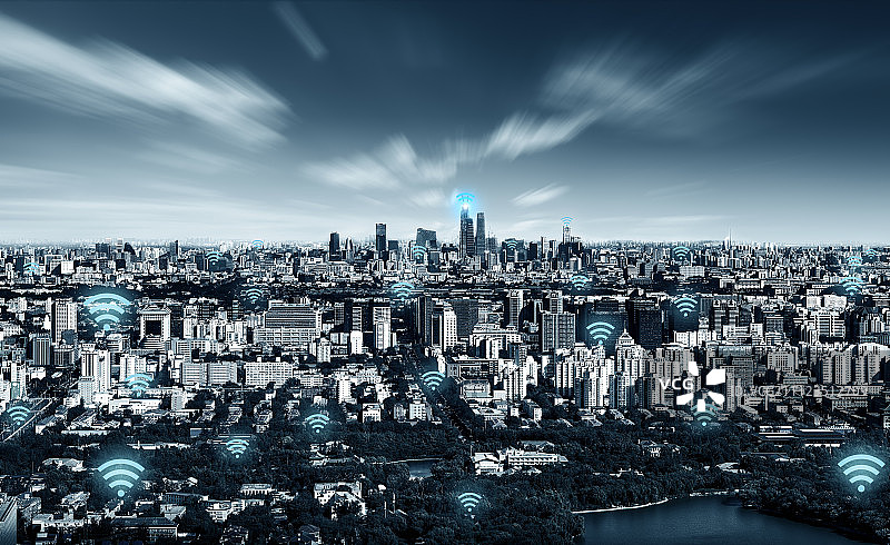 网络覆盖的航拍北京城市全景图片素材