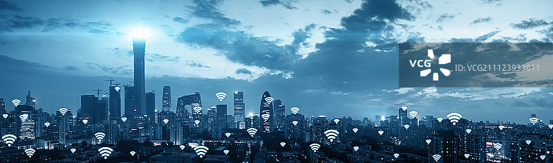 网络信号全覆盖的北京城市繁华夜景图片素材