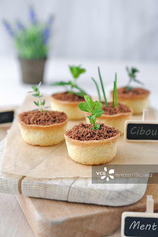 肉馅饼和香草馅饼与花盆图片素材