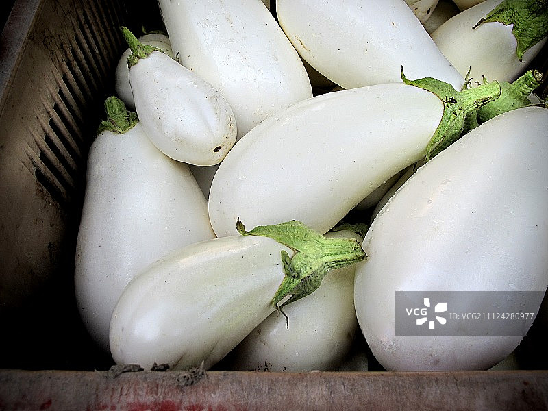市场摊位上一箱白色茄子图片素材