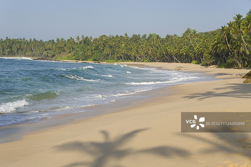 斯里兰卡汉班托塔区坦加勒海滩和棕榈树景色图片素材