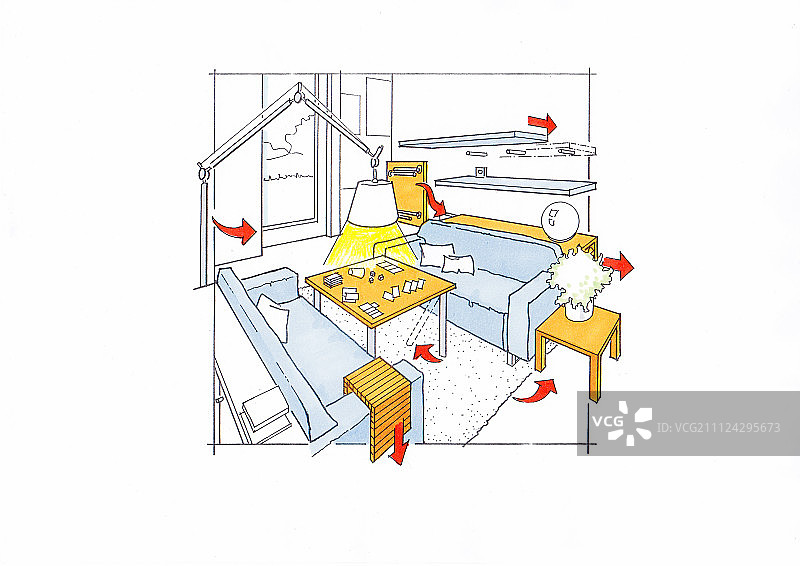 带沙发、电视和墙上绘画的休息区插画图片素材