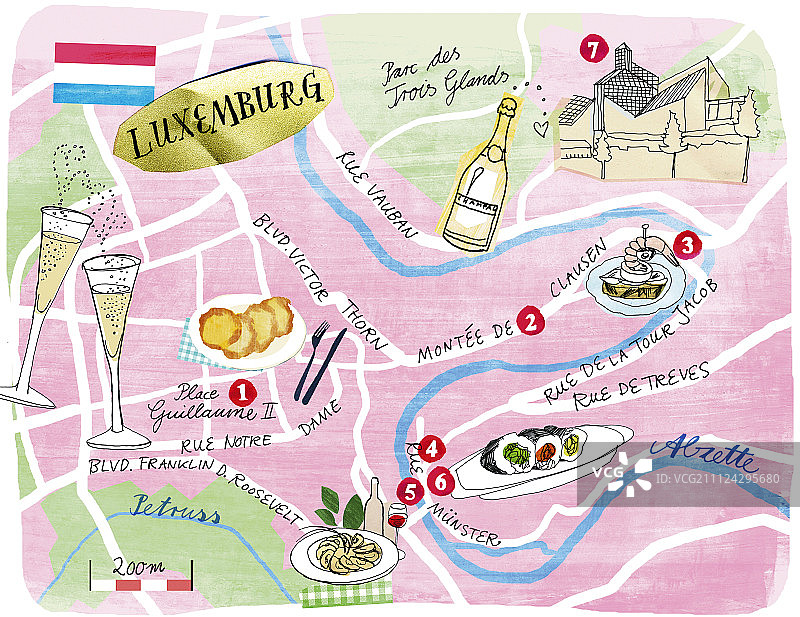 带有酒吧和餐厅的卢森堡地图插画图片素材