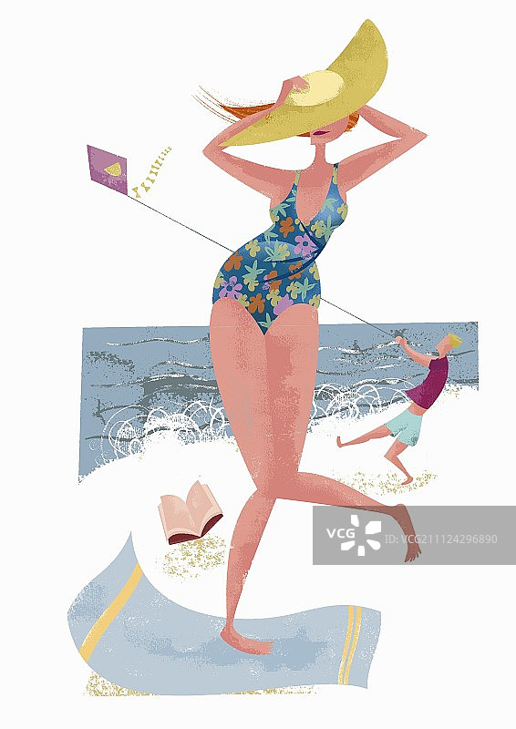 海滩上风中扶帽的女人（插画）图片素材