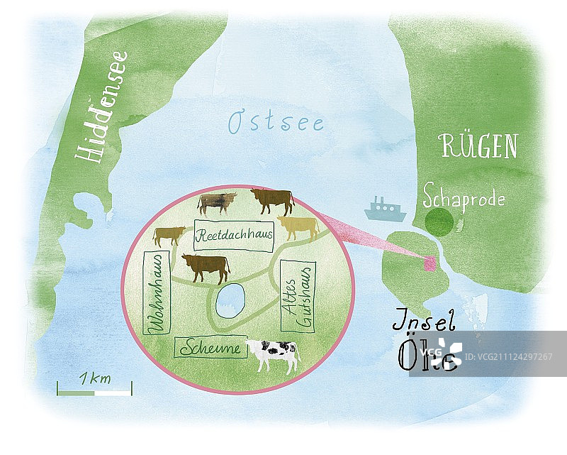 吕根岛和希登塞岛之间的厄埃岛手绘地图图片素材