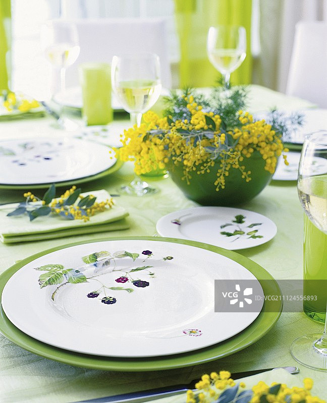 碗中盛放的野生浆果与白色和绿色餐具图片素材