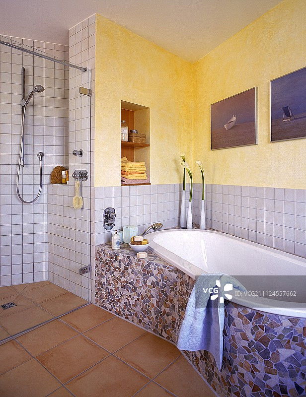浴室内的马赛克瓷砖浴缸和淋浴间图片素材