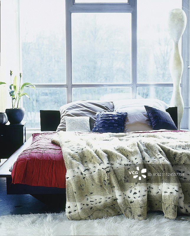 大窗户前的毛皮毯子和枕头床图片素材