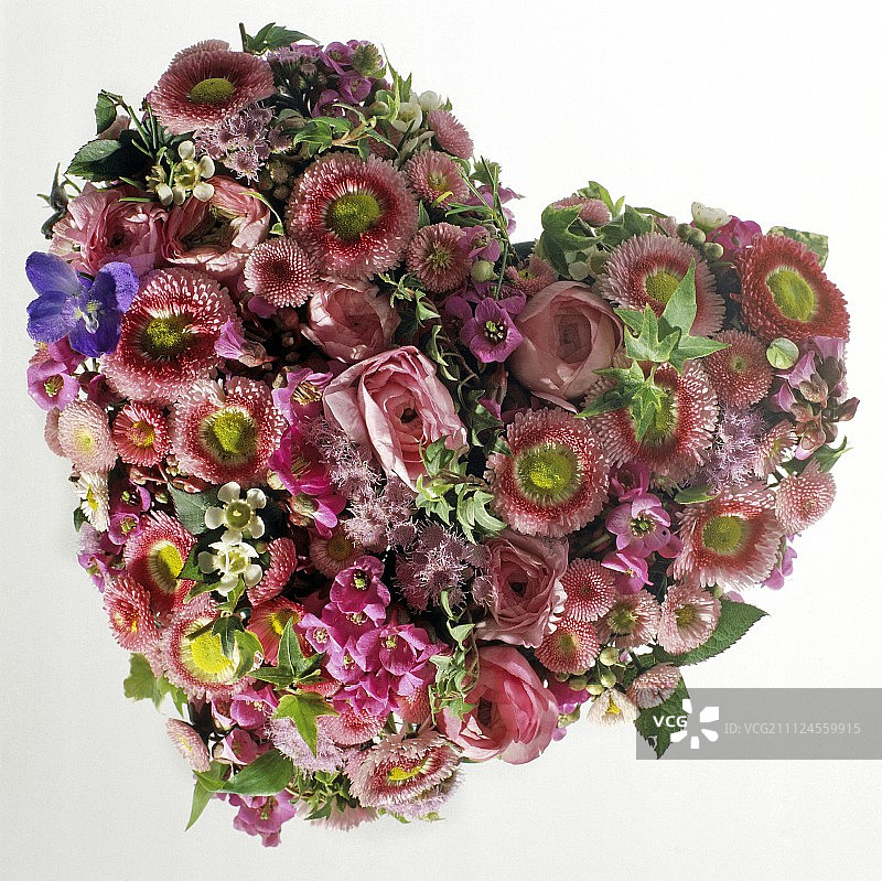粉红玫瑰和雏菊组成的心形花束特写图片素材