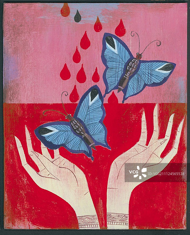 象征双子座的女性手和蓝色蝴蝶插画图片素材
