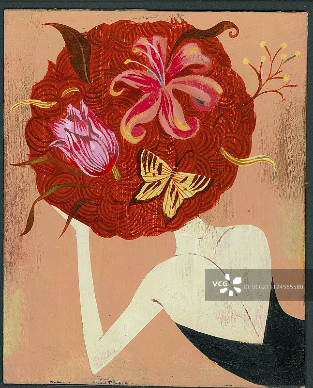 红发女人与狮子座蝴蝶鲜花插画图片素材