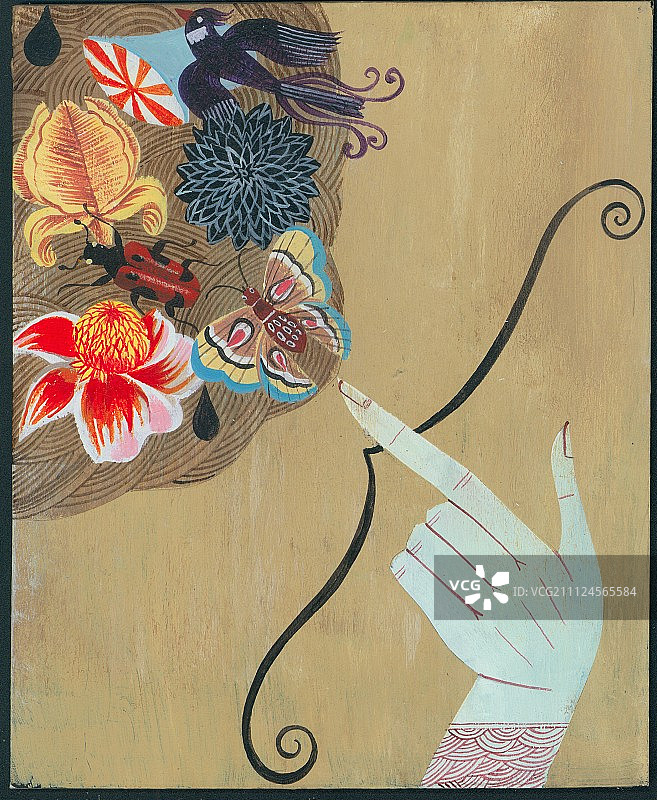 指向象征射手座昆虫的女人手部插画图片素材