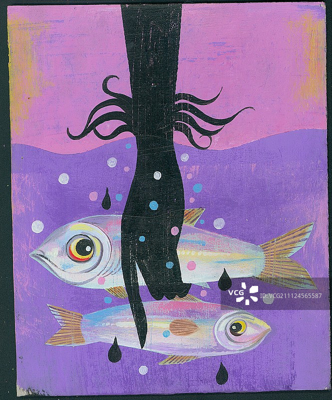 水下手握鱼的女人手部插图，象征双鱼座图片素材