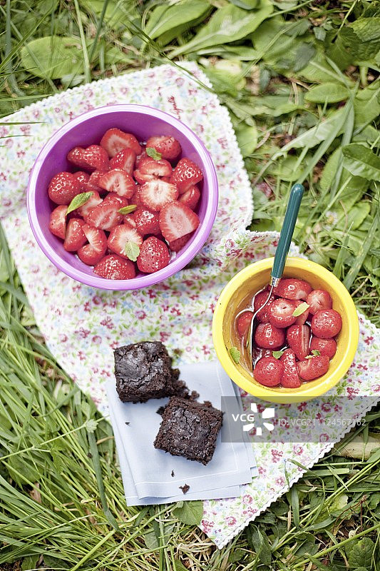 草地布上的草莓沙拉、薄荷与布朗尼图片素材