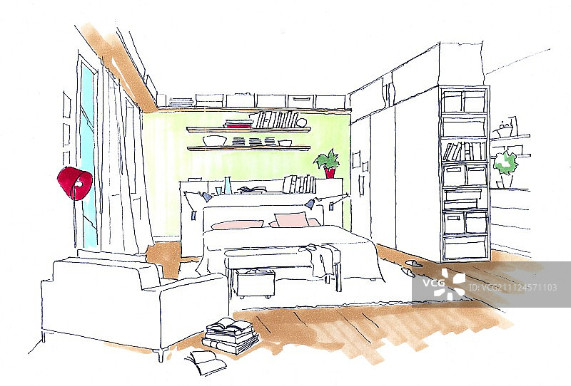 带椅子和衣柜的卧室插画图片素材