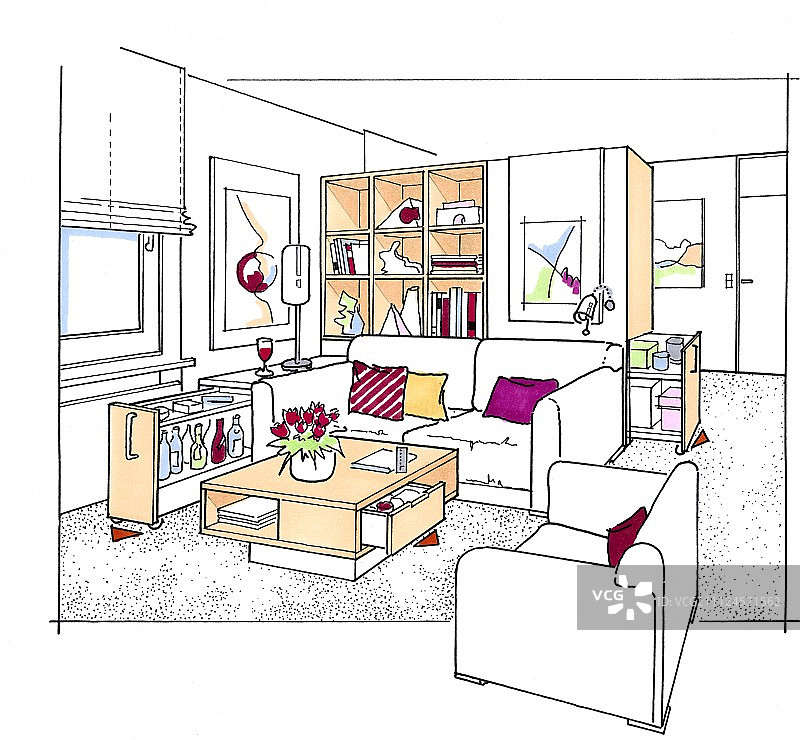 带沙发、桌子和架子的客厅插画图片素材