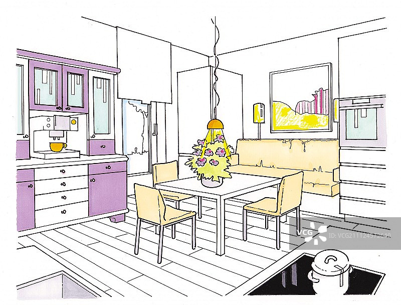 餐厅和厨房区域插画图片素材