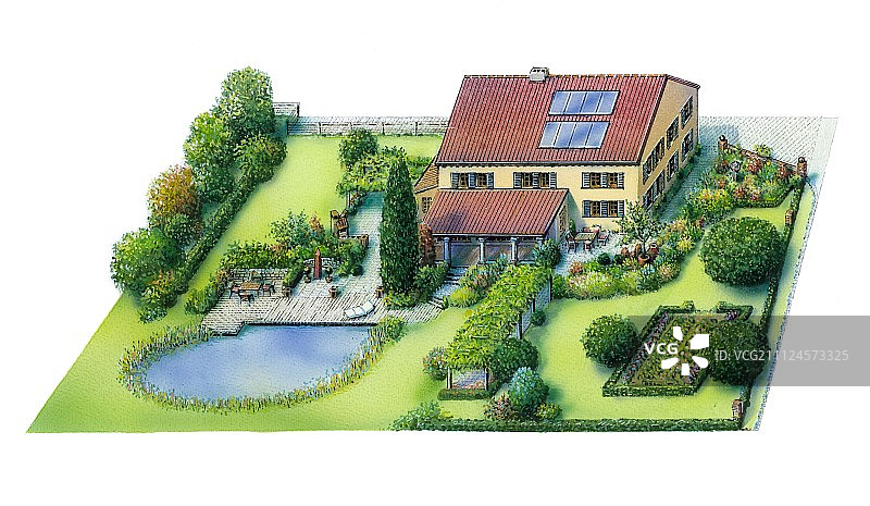带独立花园和观赏池塘的房屋插画图片素材