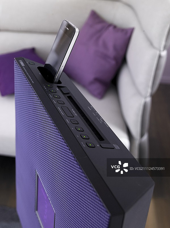 带有音柱、扩展坞和CD播放器的客厅图片素材