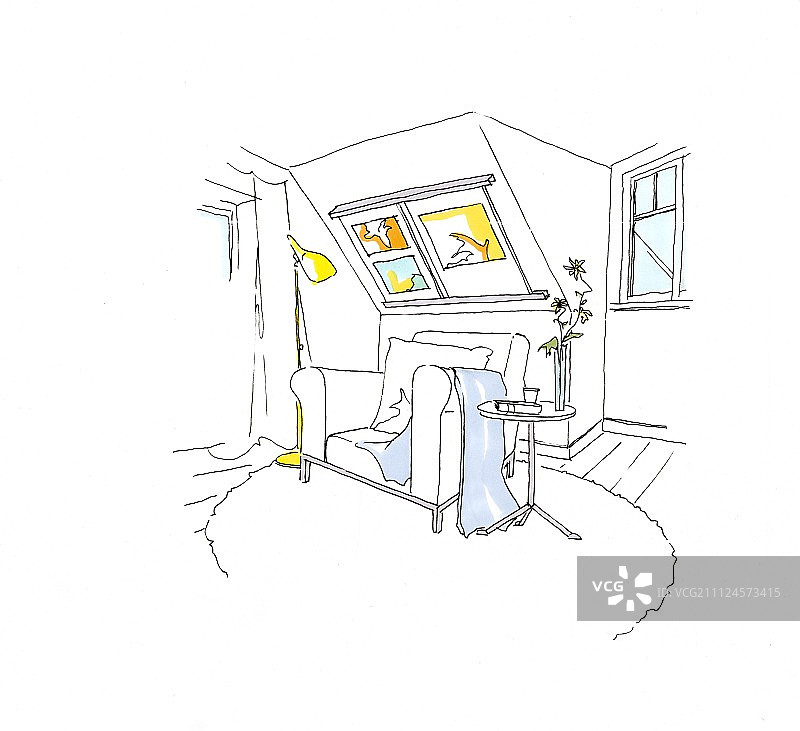带倾斜屋顶的阁楼房间插画图片素材