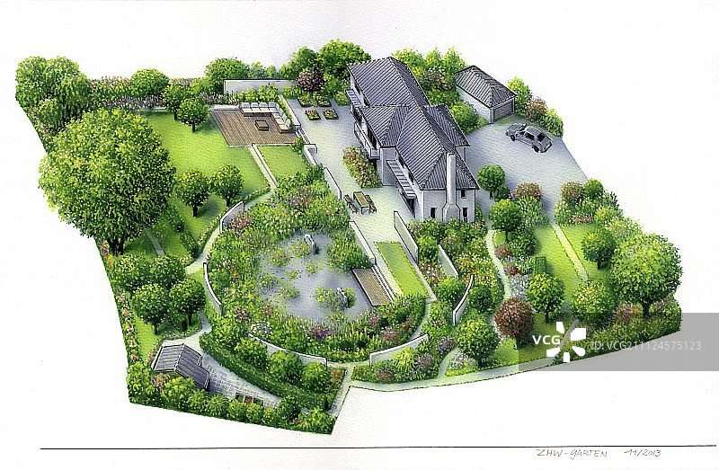 花园规划图高空俯视图插画图片素材
