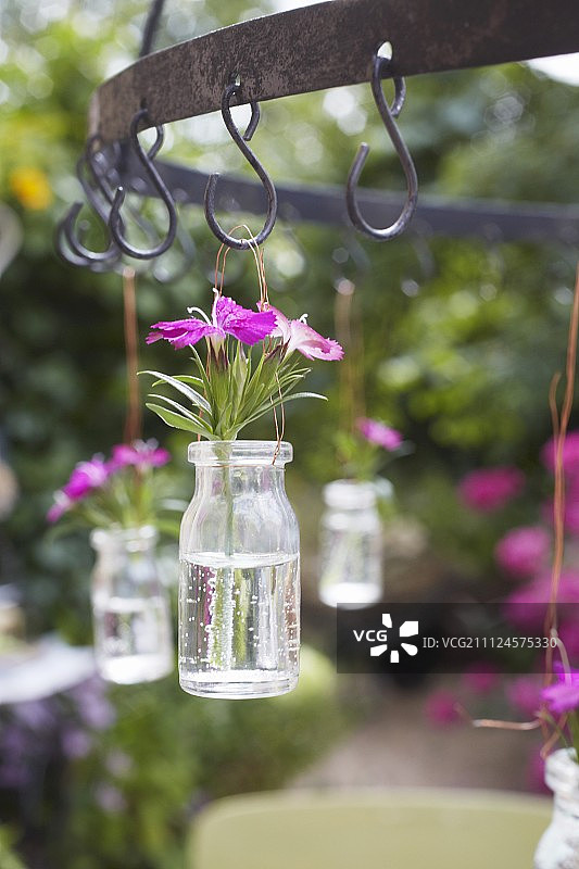 花园里悬挂在挂钩上的玻璃罐鲜花图片素材