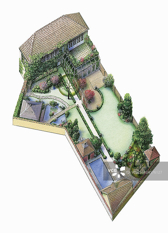 白色背景上的带花园的房屋俯视图插画图片素材