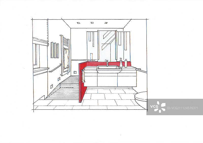 带梳妆台和淋浴区的浴室插画图片素材