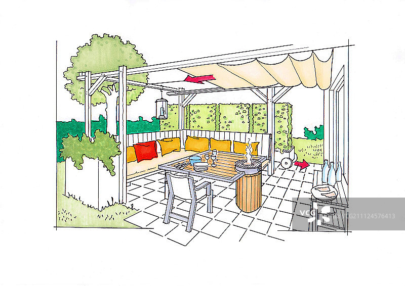 露台花园凉棚烧烤台插画图片素材