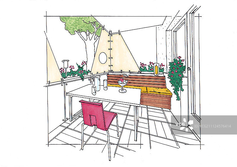 阳台长椅桌椅插画图片素材