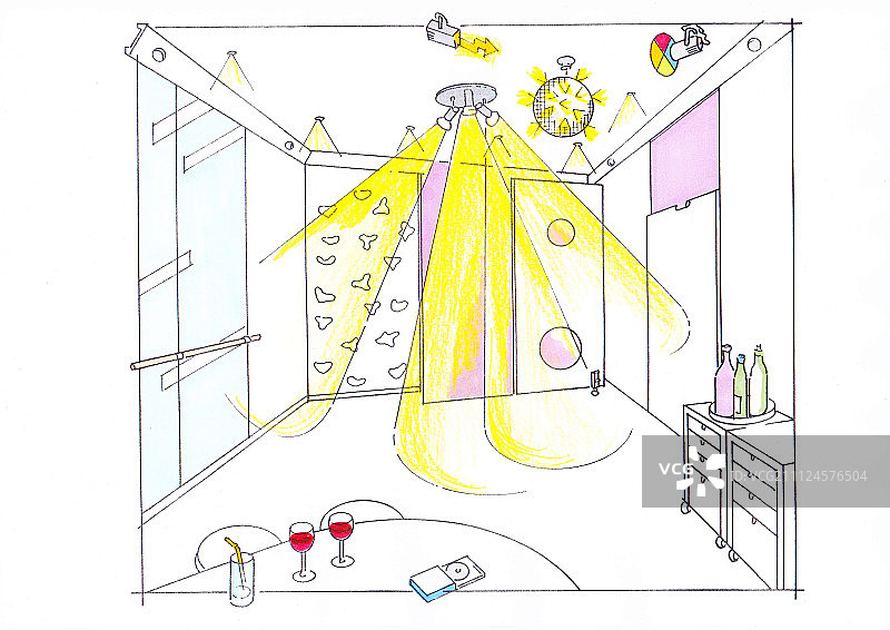 带各种派对灯光的派对房间插图图片素材