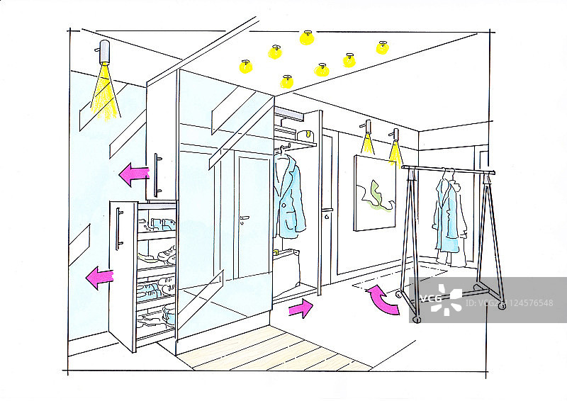 带挂架、抽屉衣柜和衣架的客厅插画图片素材