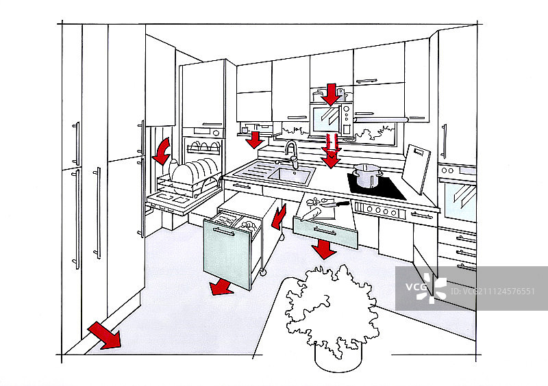 厨房场景插画：餐盘车、橱柜和烤箱图片素材