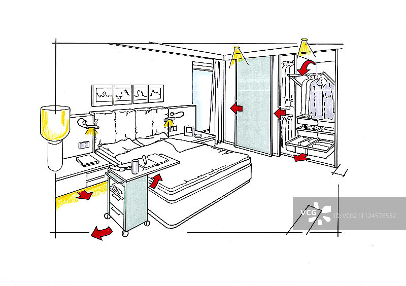 卧室床铺餐车橱柜衣柜衣架插画图片素材