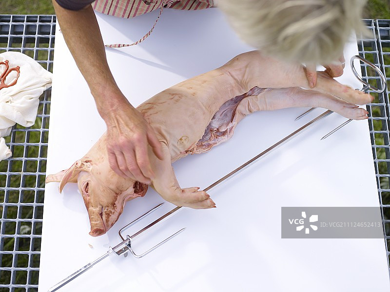 正在旋转烤制的乳猪图片素材