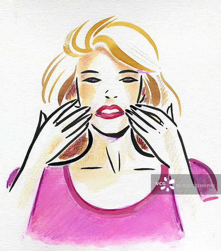 女性穿着粉色上衣，手指放在嘴角插画图片素材