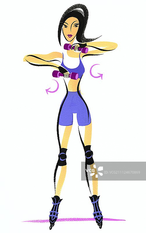 女子在溜冰道上用哑铃做手臂滚动锻炼插画图片素材