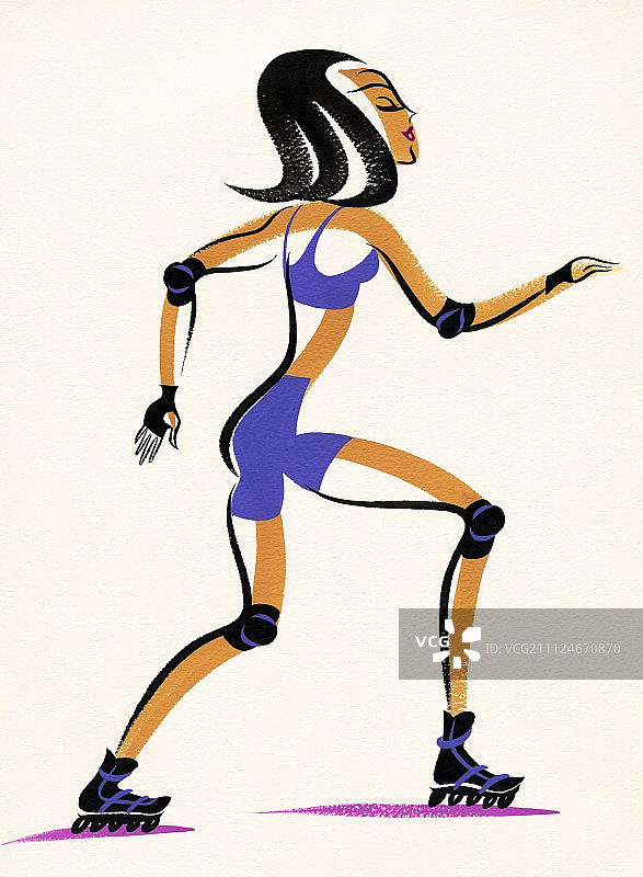 在滑冰场上单膝跪地做仰卧起坐的女人插画图片素材