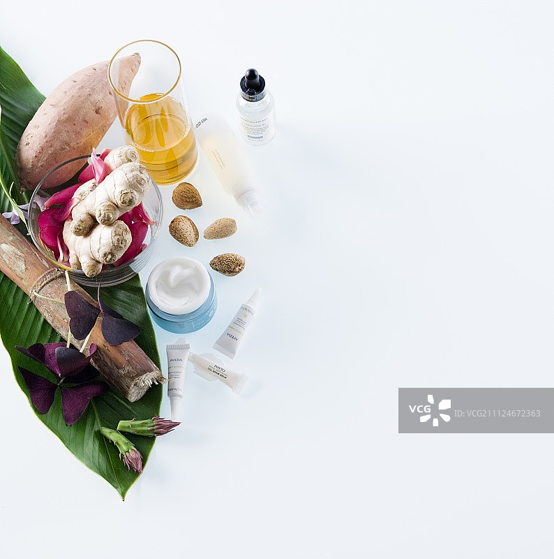 白色背景上的各种洗漱用品、生姜、坚果油和仙人掌图片素材